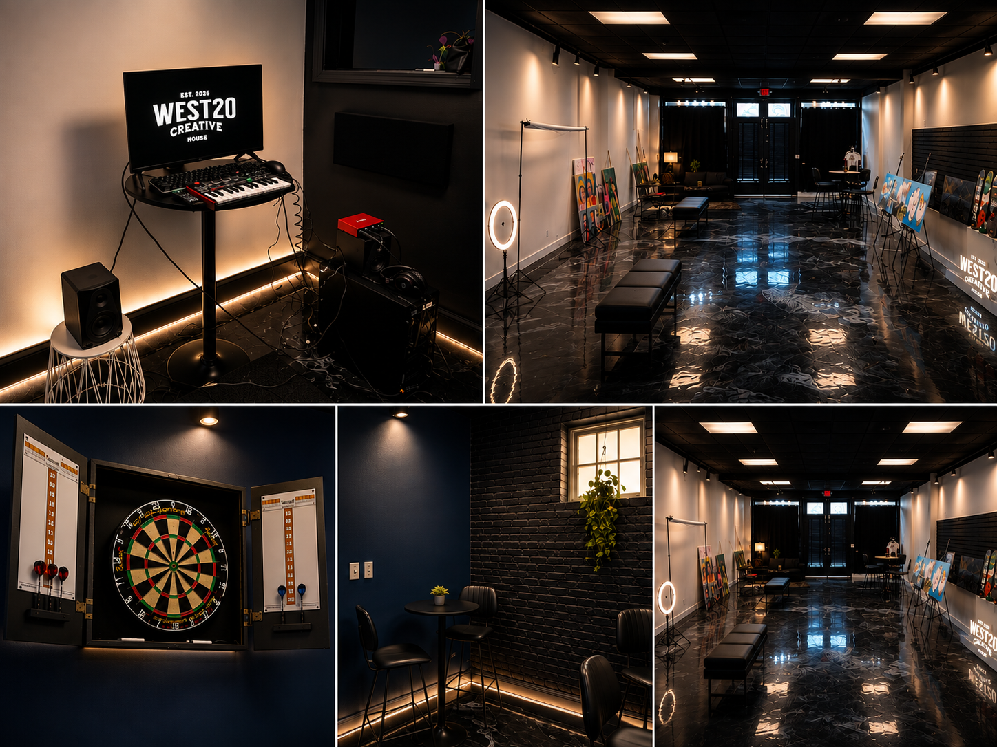 Collage of West 20 Creative House spaces including music studio, gallery, dartboard lounge and seating areas